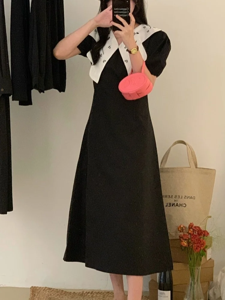 발레 슬리브 드레스 자수 나비 칼라 헵번 스타일 롱 스커트 한국 스타일 봄 여름 가을 겨울 유니버설