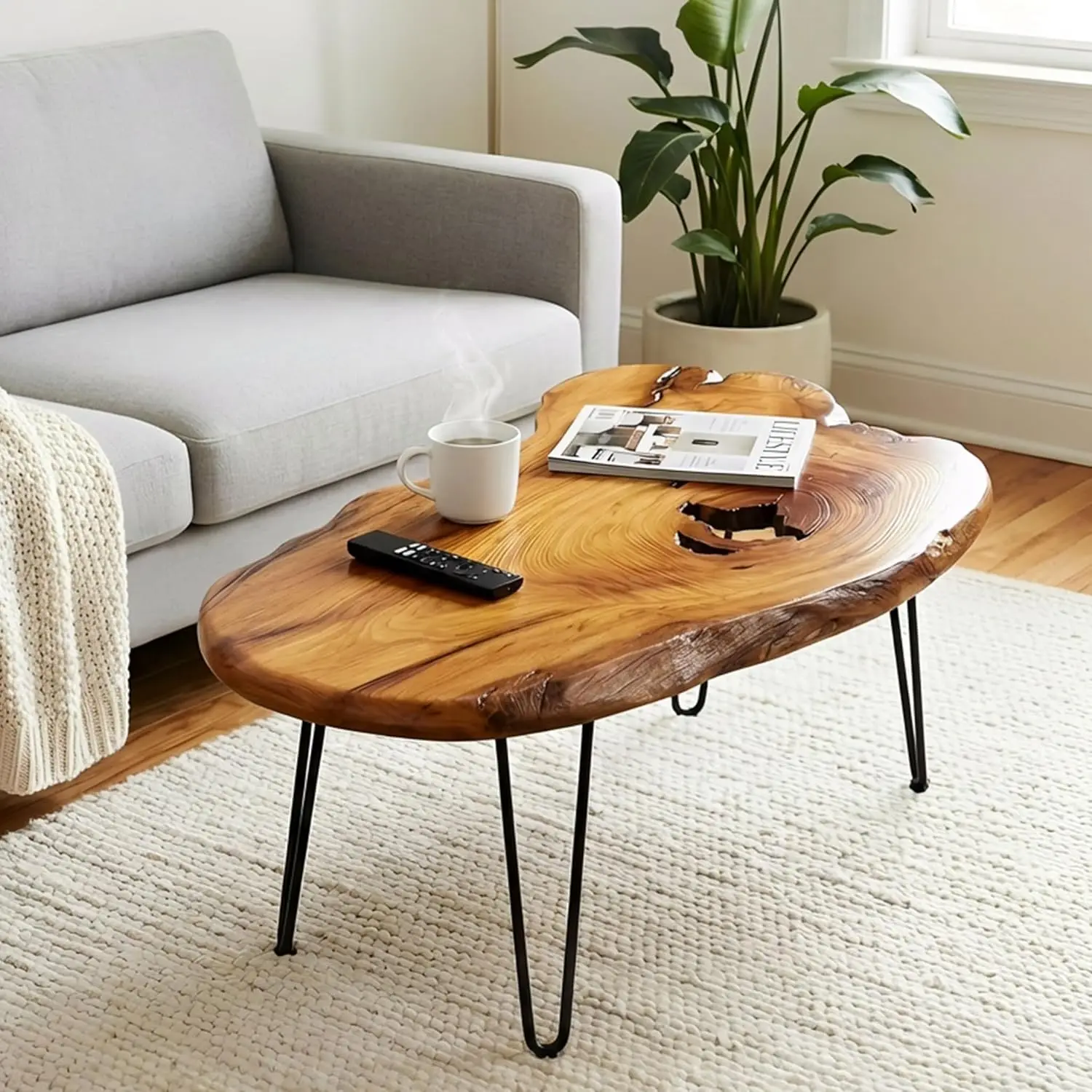 

Live Edge Coffee Table, Large Natural Wood Coffee Table for Living Room, Unique Wooden Table with Easy Assembly &, Customized