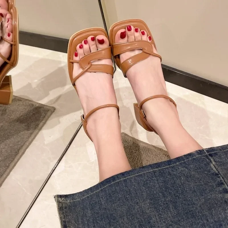 Summer Shoes Women Sandals Narrow Band Vintage Square Toe Flat Cross Strap Thong Sandals V Shape Design Shoes Women