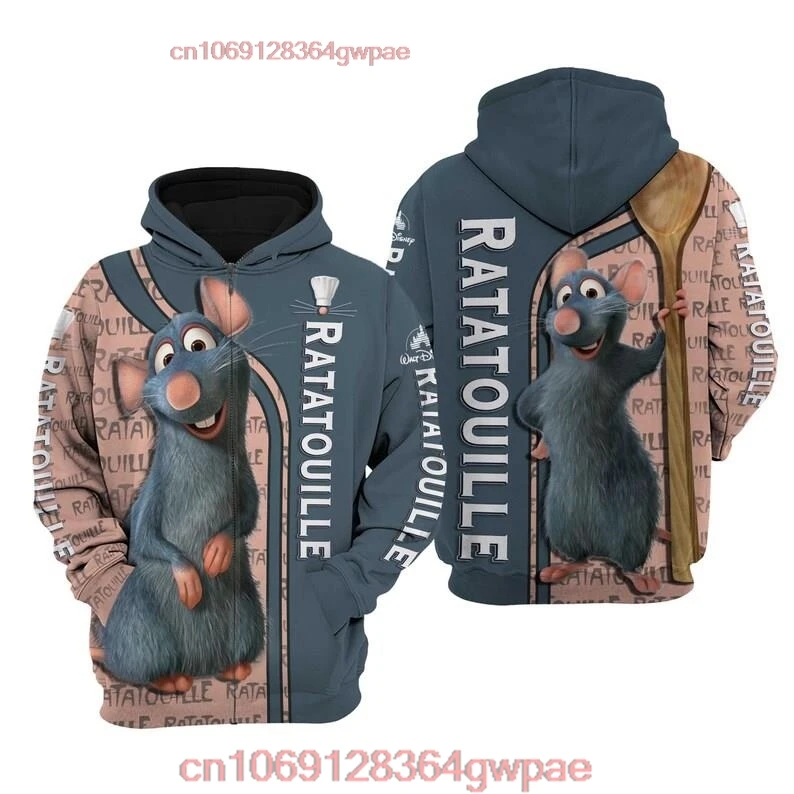 2022 Winter New Hoodie Disney Ratatouille 3D Hoodie Disney Sweatshirt Thickened Hoodie Casual Vintage Men's Women's Zip Hoodie