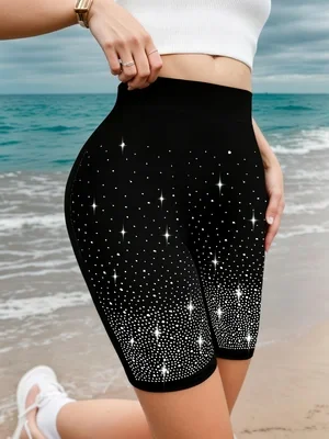 Damen-Shorts mit glitzernden Strass-Applikationen, gestrickt, hochelastisch, atmungsaktiv, für den Sommer, Freizeithose, modisch, für den Alltag – Detail 2