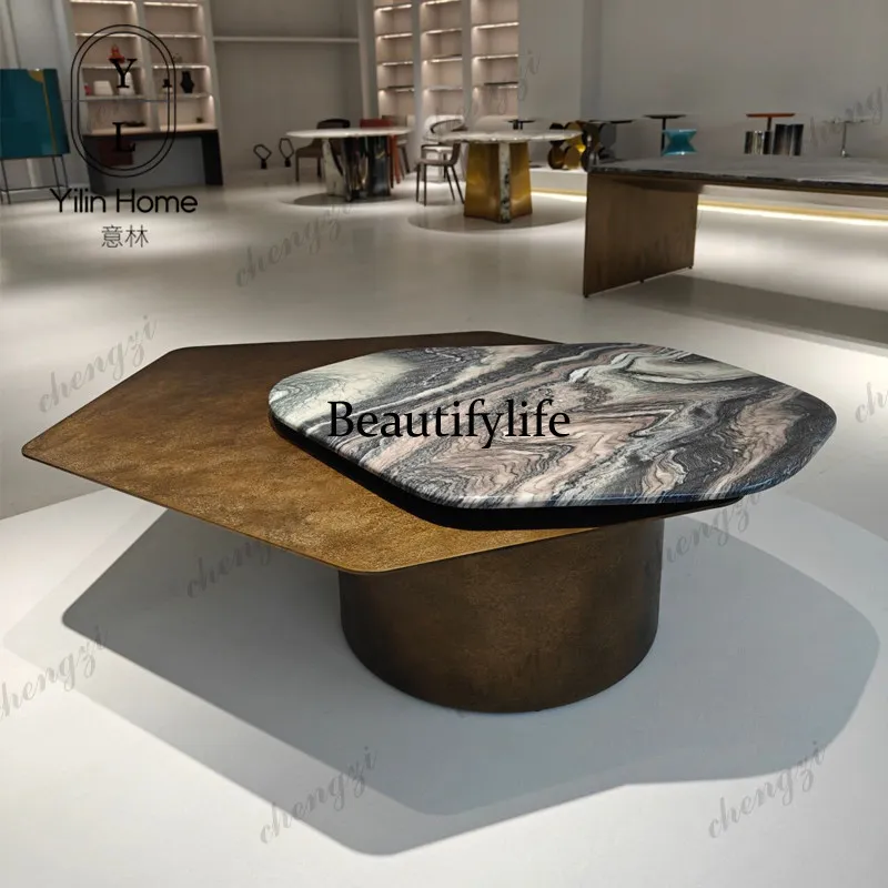 

Marble special-shaped rotating coffee table Italian minimalist living room stainless steel designer high-end combination