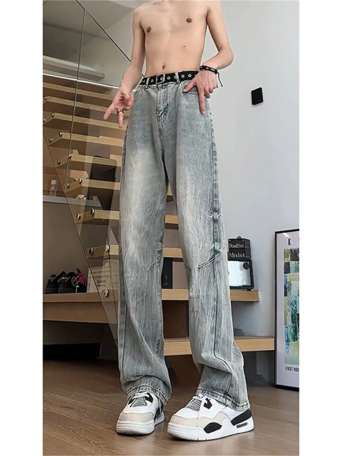 Vintage Straight Leg Jeans for Boys Bamboo Lightning Pattern Knife  Slim Fit Teenager Casual Wear mid Waist Zipper Closure