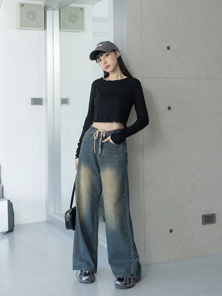 Queenop Autumn Winter Loose Fit Denim Pants Dstring Faded Color Women's New Arrival Casual Wide Leg Jeans
