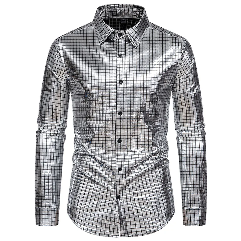 Shiny Plaid Silver Dress Shirts For Party 2024 Brand New Banquet Prom Tuxedo Shirts Stylish Trend Nightclub Stage Chemise Hombre