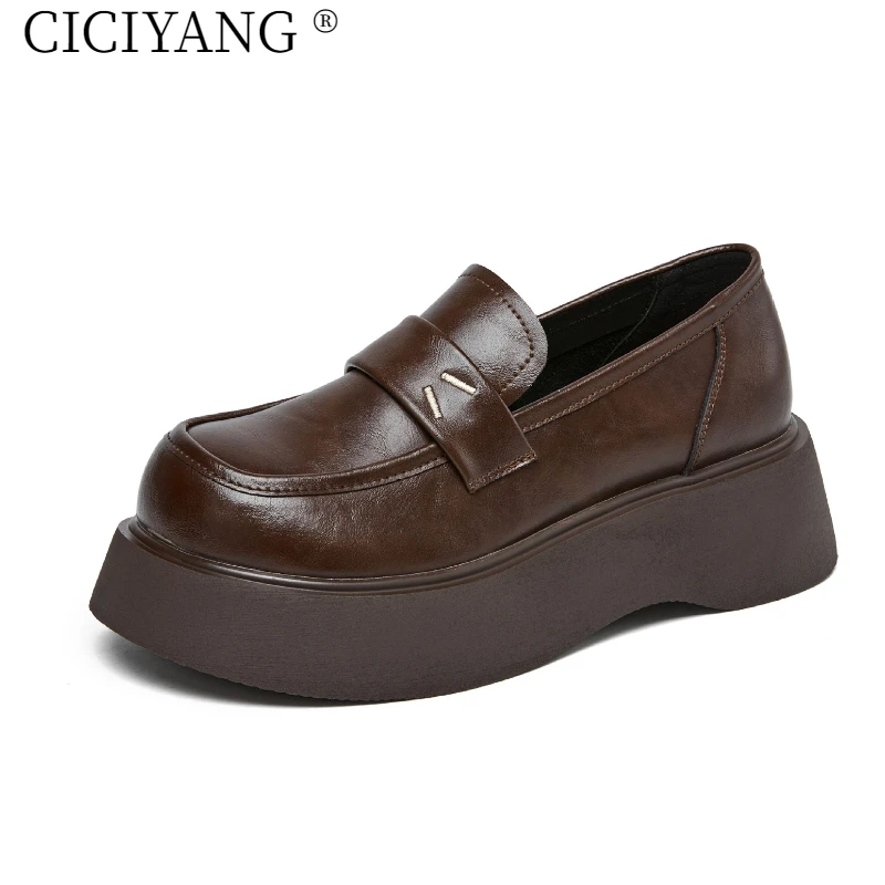 

CICIYANG Genuine Leather Women's Loafers 2025 Spring New Platform British Style Thick Sole Comfortable Female Shoes Large Size