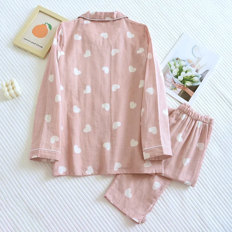 VIP 2024 New Spring and Autumn Pajama Set Women\'s 100% Cotton Long Sleeve Pants Two Piece Love Lovely Sweet Home Furnishing Set