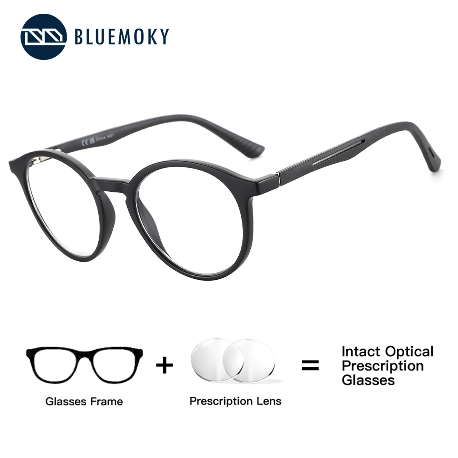 

BLUEMOKY (L Size) Plastic Round Prescription Vision Glasses Women Medical Correction Photochromic Myopia Optical Progressive