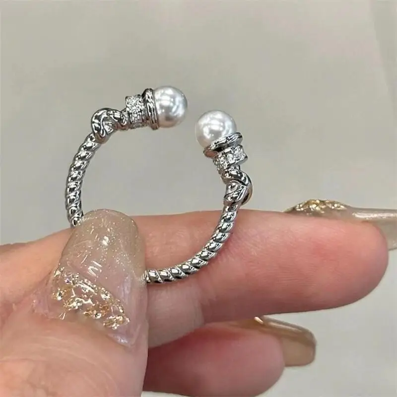 

Элегантное женское кольцо с двойным жемчугом витого узла, платиновое покрытие CZ, регулируемое открытое кольцо, ювелирные изделия в корейском стиле, подарок