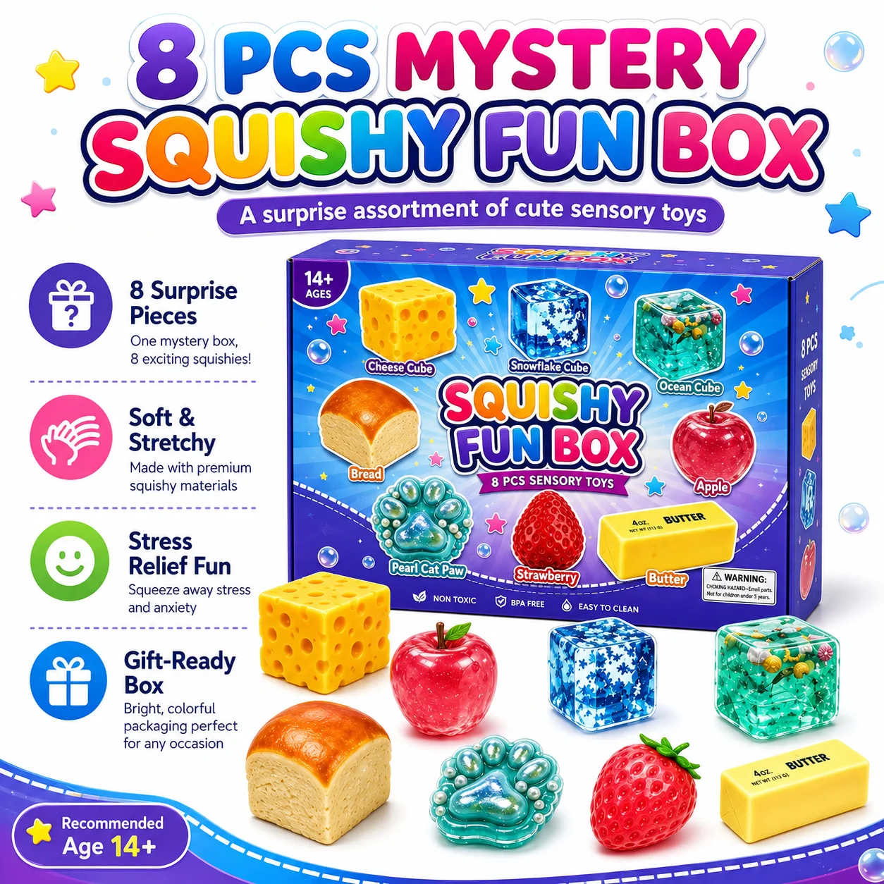 8PCS Squishy Surprise Box Set Mystery Pack Realistic Squeeze Toys Slow Rebound Sensory Fidget Stress Relief Novelty Gift Pack