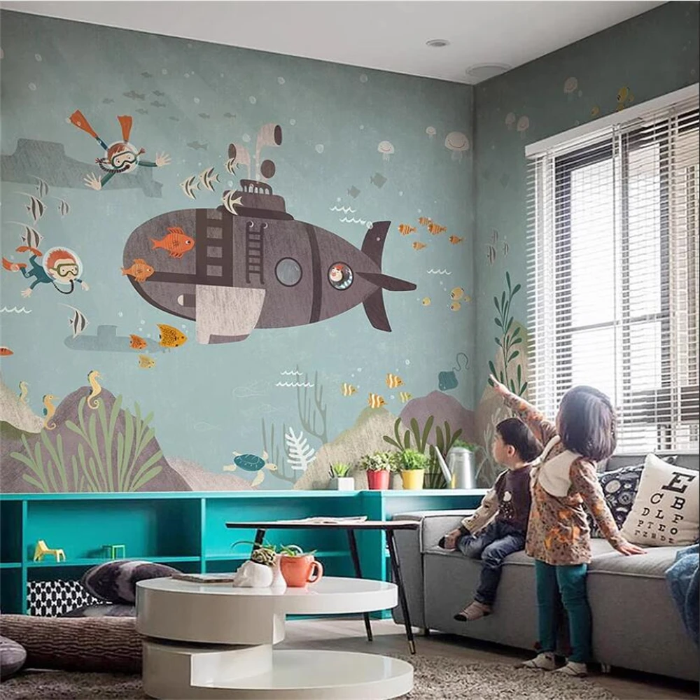 

Фотообои с рисунком подводной лодки на заказ для мальчика, детская комната, фон, обои, домашний декор, водонепроницаемая наклейка на стену
