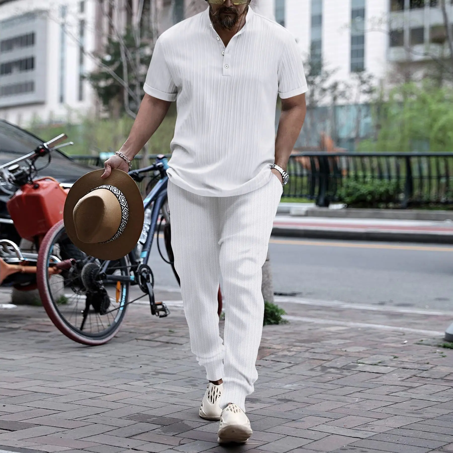 Camisa con cuello levantado para hombre, pantalón corto informal a rayas, pantalones de calle a la moda, primavera y otoño, 2024