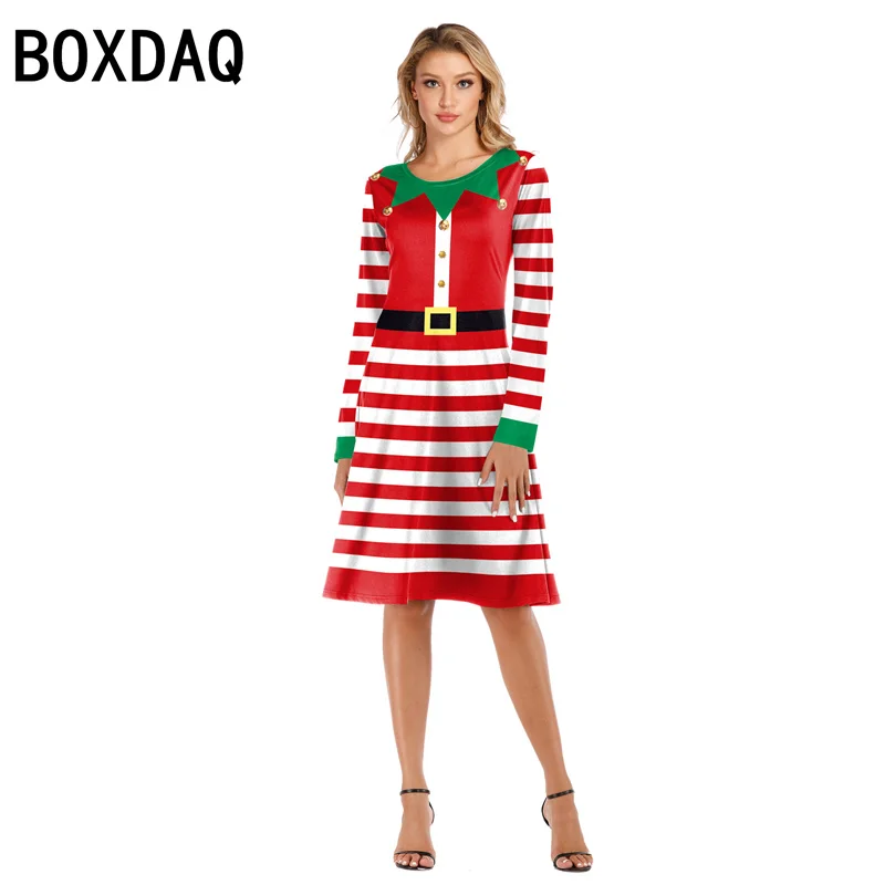 Merry Christmas Dress 3D Stripe Printing Dress Xmas Cosplay Costume Big Size 3XL Female Long Sleeve O-Neck Casual A-Line Dress