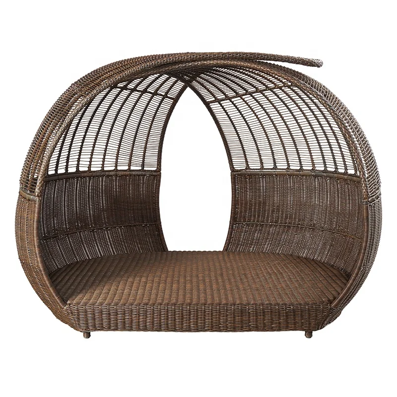 Luxury Brown Poolside Wicker  Sunbed Furniture Outdoor Beach Aluminum Rattan Round Chaise Lounge bed