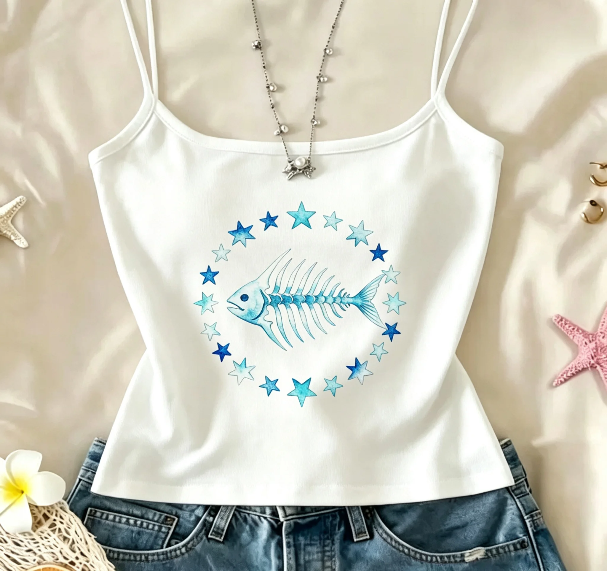 Starry Fish Lettering Camisole Women Typography Graphic Tank Top Sleeveless Vest Spaghetti Strap Trendy Shirt