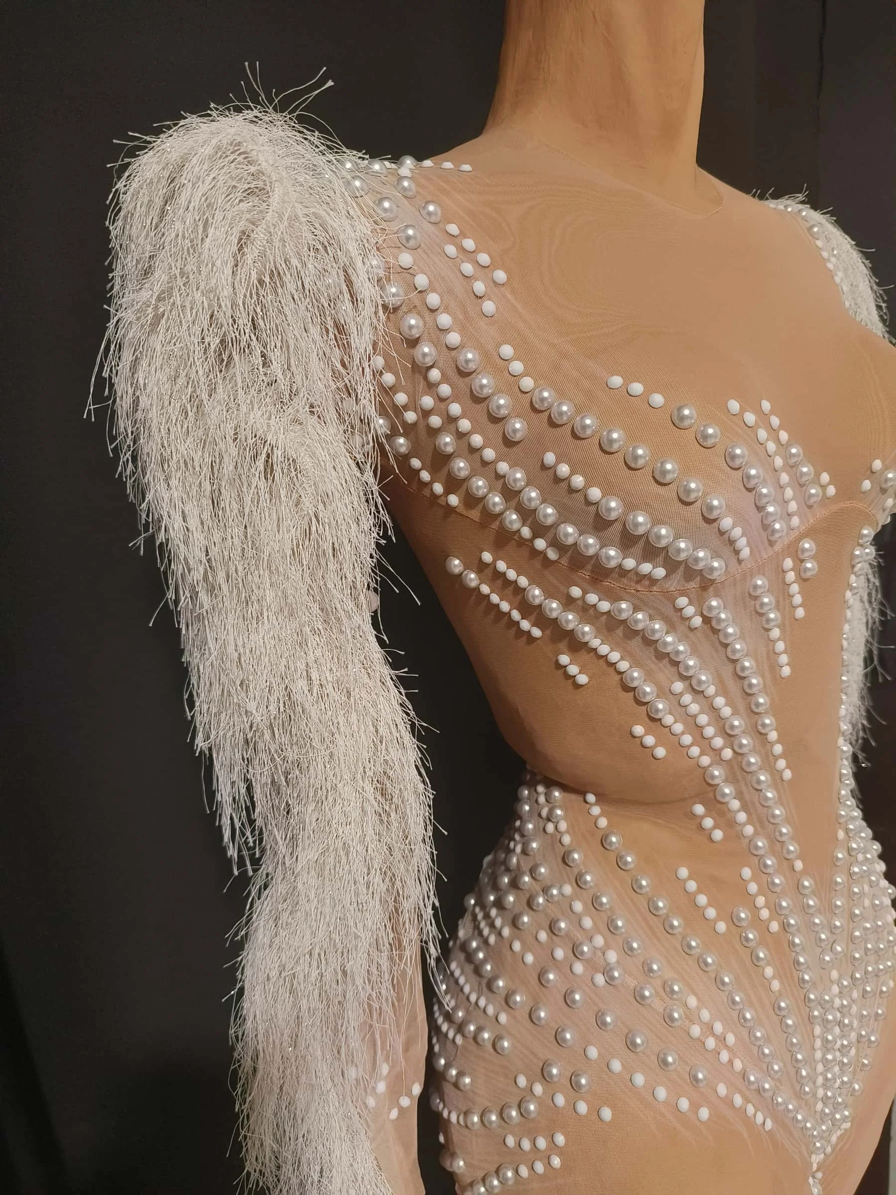 Women Sexy Shining Sequin Beading Bodycon Jumpsuit for Birthday White Feather Sleeve Prom Dress Photoshoot Stage Wear Bingshuang view 3