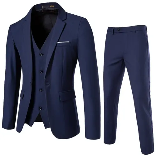 Imagen 2 del producto Traje para hombre (Blazer + chaleco + pantalones), ropa de trabajo de estilo británico para boda de color sólido de negocios a la moda, traje de actuación informal