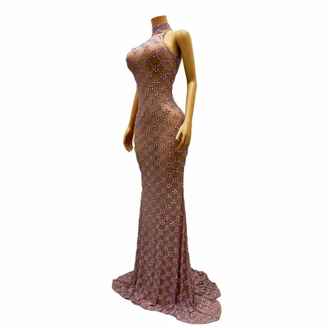 Luxurious Maxi Dress Sparkly Rhinestone Sheer Mesh Bodycon Club Evening Dress Birthday Dinner Party Dress for Sexy Elegant Woman