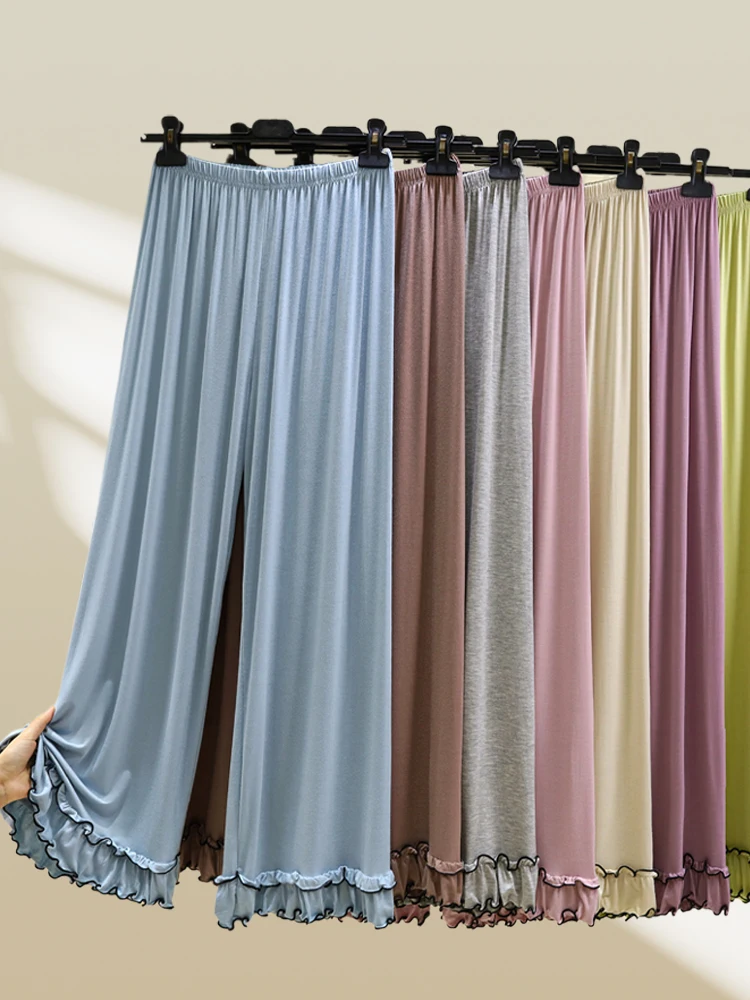 

Slim Fit Modal Straight Leg Casual Pants Women's Spring Autumn plus Size Lace Wide Leg Pants Drapey Slimming Short Home Pants