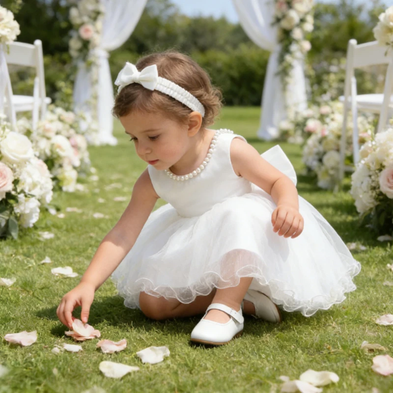 White Baptism Baby Girls Dress Ruffle Lace Backless Bowknot With Headwear Pageant Party Flower Wedding New Year Dress For Girls