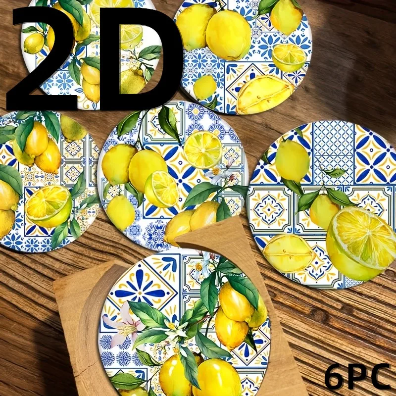 6 Pieces 2D Wooden Coasters Green Lemon Pattern Theme Desktop Insulation Mats Home Decor Coffee Mug Coasters For Office