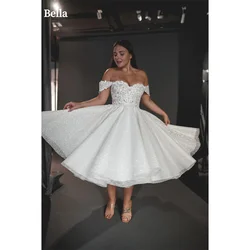 Bella White Lace Embroidery robes de soirée Off the Shoulder A-line Prom Dresses Elegant Sleeveless Ankle-length Wedding Dress