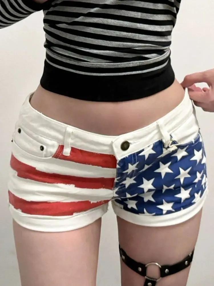 Retro Star-printed Denim Shorts for Women Summer Y2k Slim Buttocks Super Shorts Jeans Hot Pants
