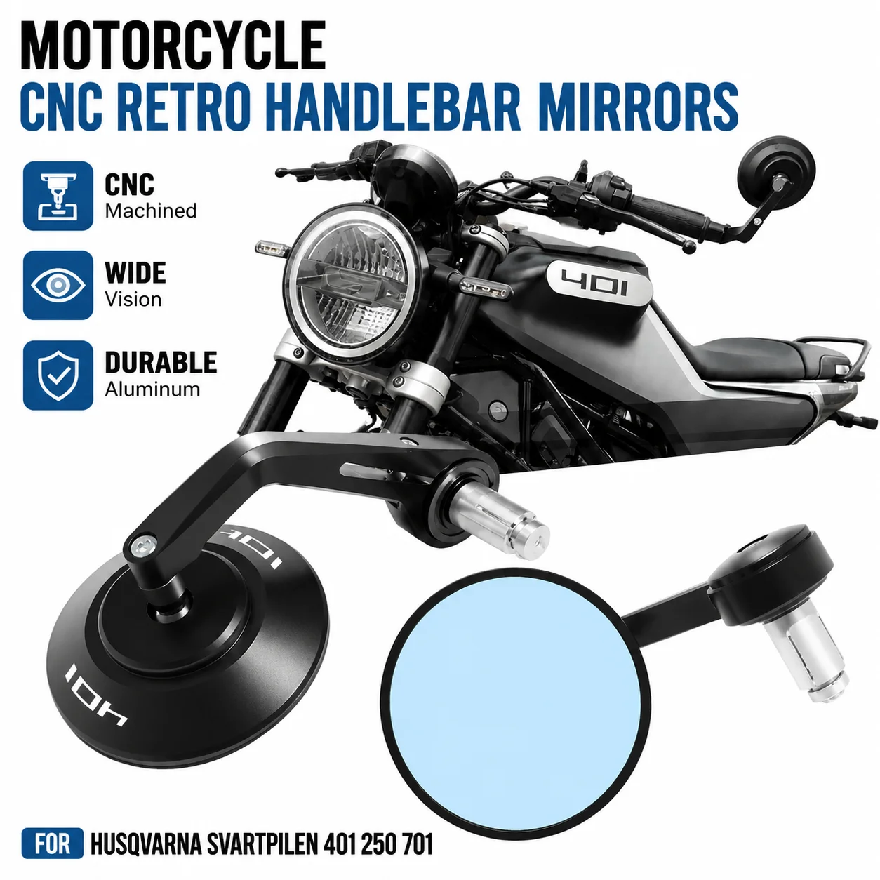 Für Husqvarna Svartpilen 401 250 701 Blaue Glas-Rückspiegel Runde Lenkerenden Rückansicht Seitenspiegel Motorrad-Zubehör