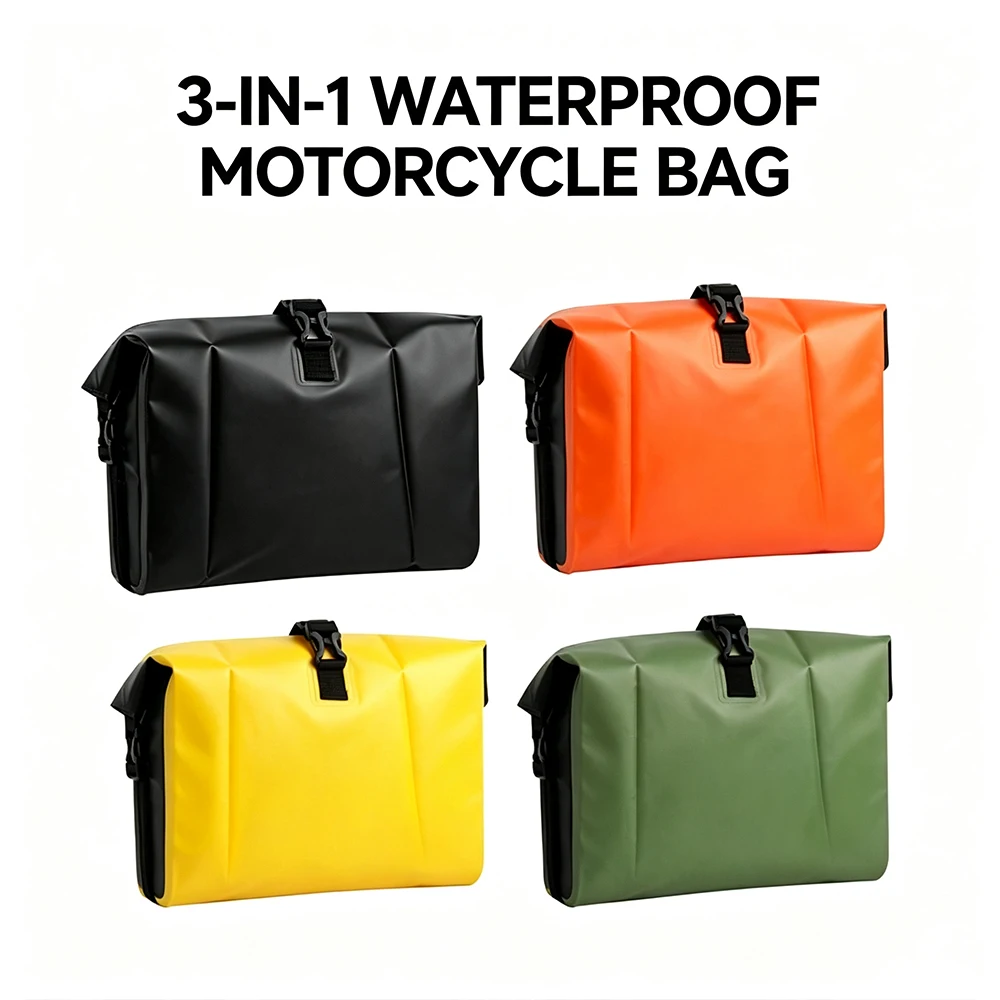 3‑in‑1 Motorcycle Waterproof Bag PVC Roll‑Top Saddle Tail Handlebar Bag Large Capacity Luggage for Scooter Street Bike