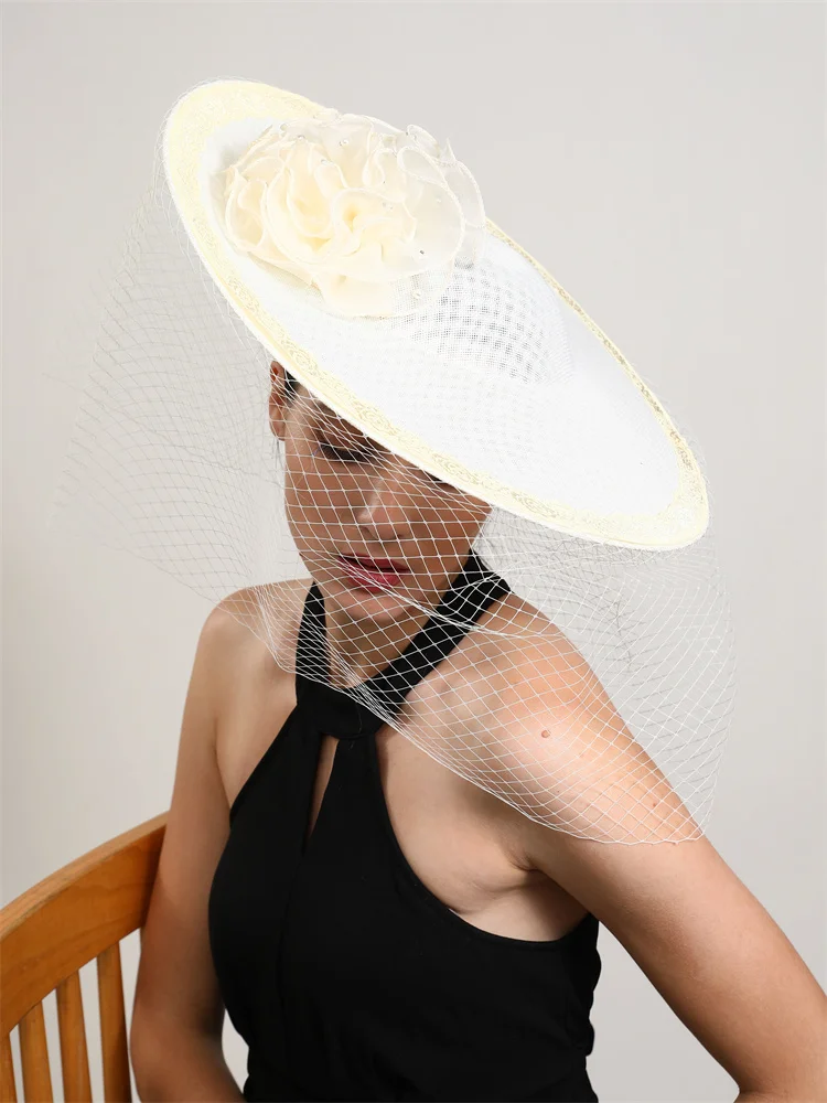 Women Big Derby Headpice Veils Top Pillbox Hat Summer Formal Dress Bride Wedding Fascinator White Hats Party Event Fedora Cap