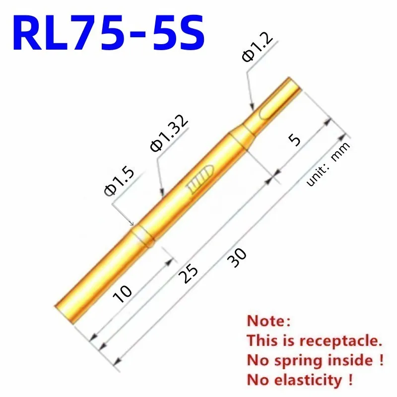 20/100PCS RL75-5S Test Pin PL75-B1 Receptacle Brass Tube Needle Sleeve Seat Solder Connect Probe Sleeve 30mm Outer Dia 1.32mm