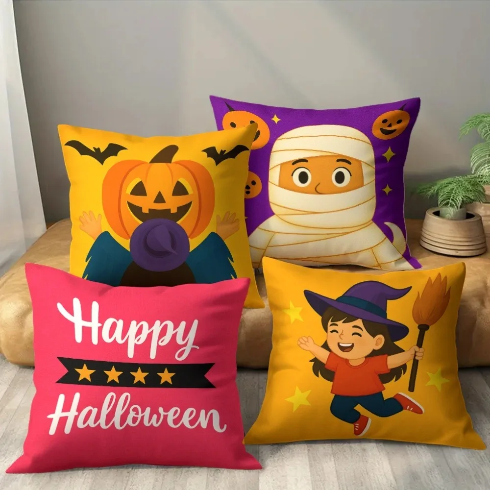 4-Piece Halloween Throw Pillow Set with Pumpkin, Mummy, and Witch Designs for Seasonal Home Decor
