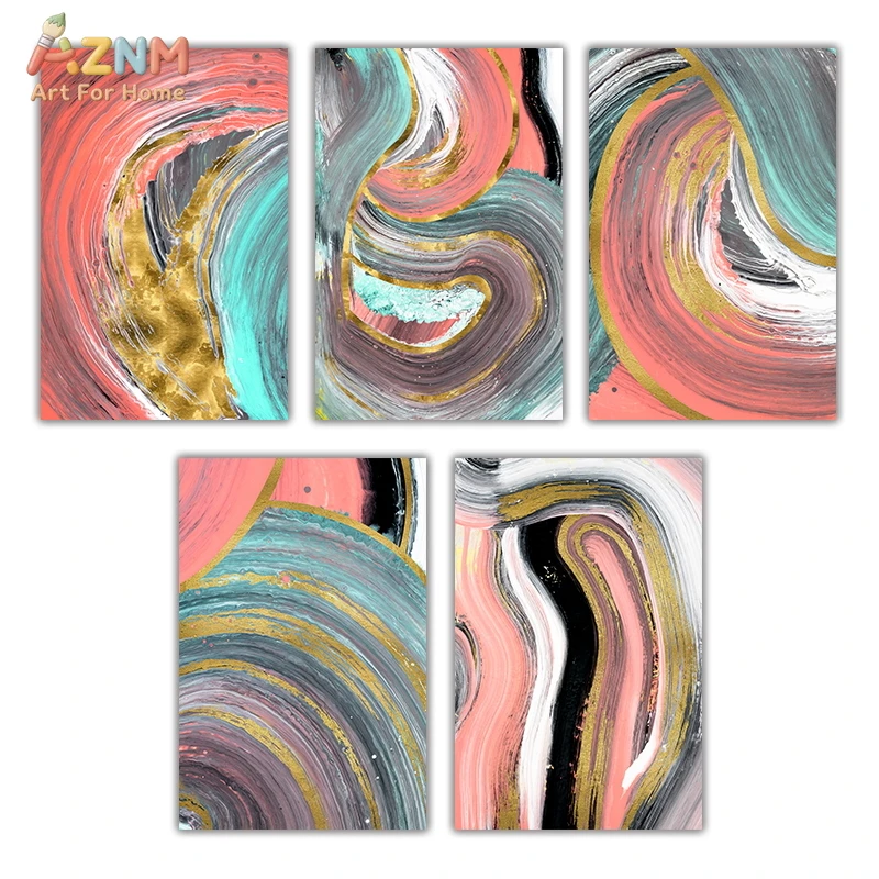 AZNM Pink Teal Gold Abstract Marble Canvas Wall Art Print, Modern Swirl Fluid Painting Decor, No Frame