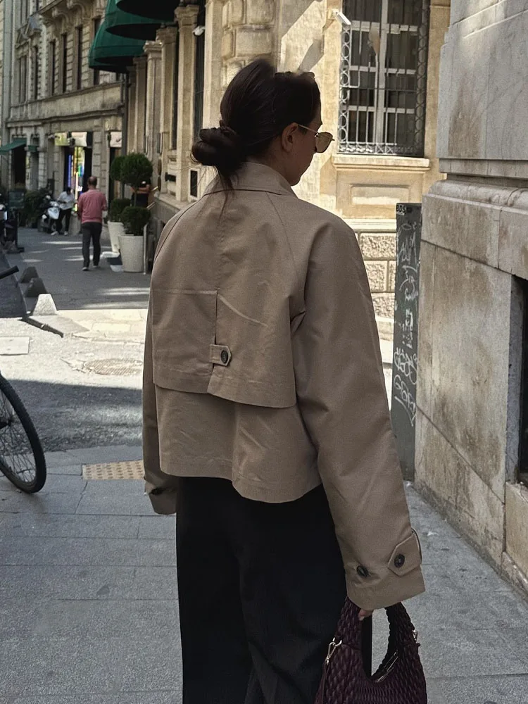 HH Trench corto moda donna Chic Solid doppio petto giacca a maniche lunghe donna cappotto slim design tascabile con risvolto vintage