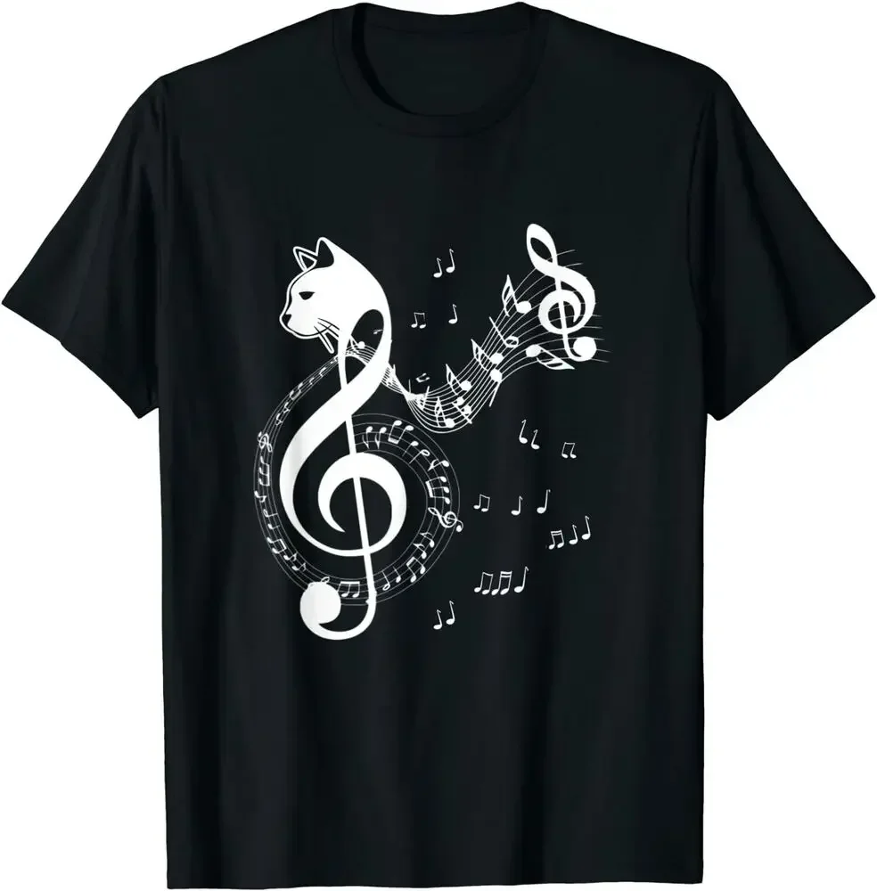 Música e gatos amante clave de sol engraçado gato notas musicais camiseta alta qualidade 100% algodão manga curta