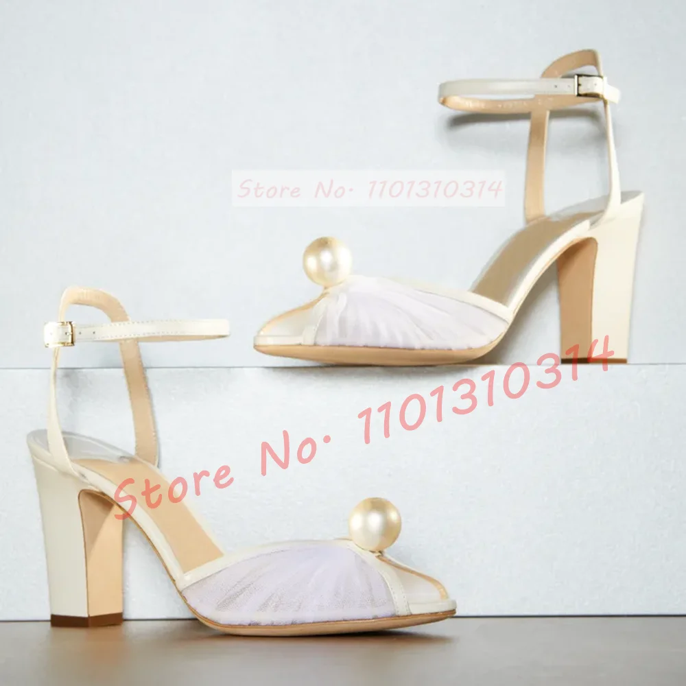 Tulle Pearl Ankle-Strap Sandals Women Wedding Peep Toe High Block Heels White Party Shoes Bride Luxury Casual Mesh Evening Shoes