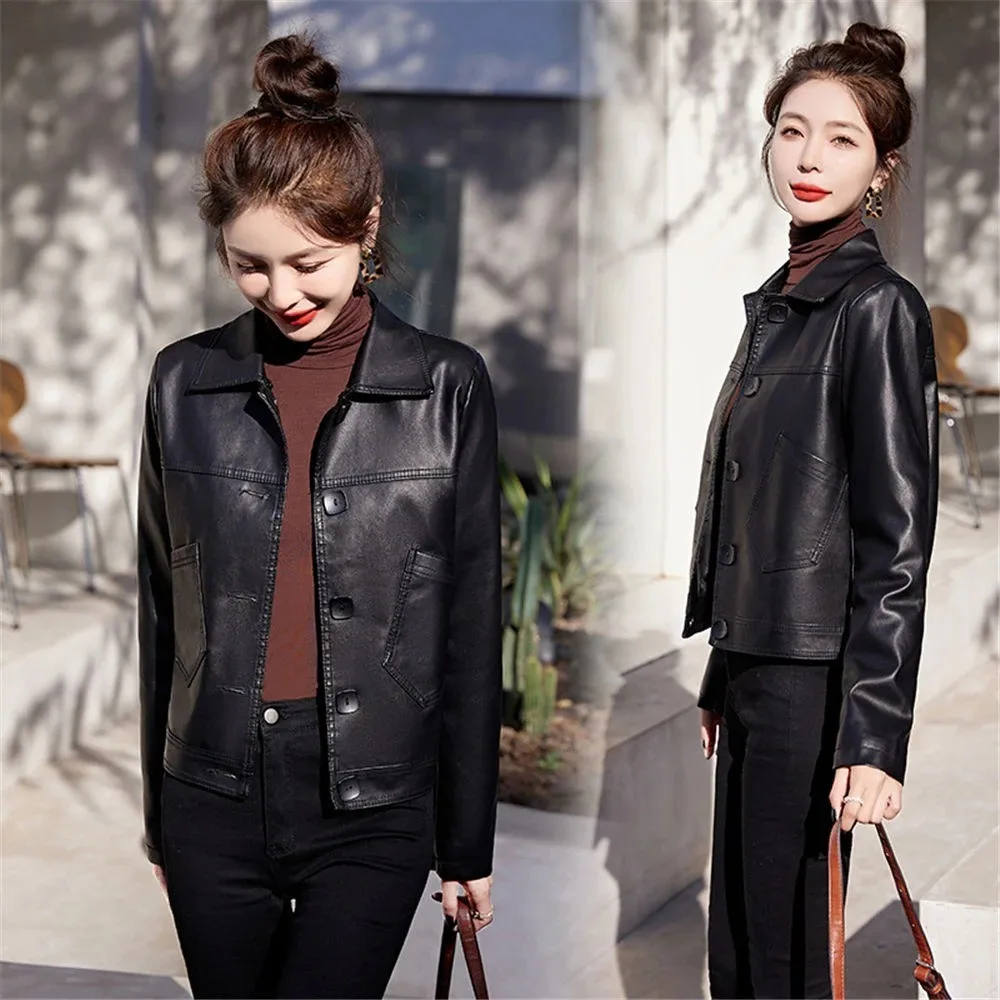 2026 Women's Turn down Collar Single Breasted Stitched Detail Big Pocket Loose Cropped Faux Leather Jacket Comfort Commute Coat