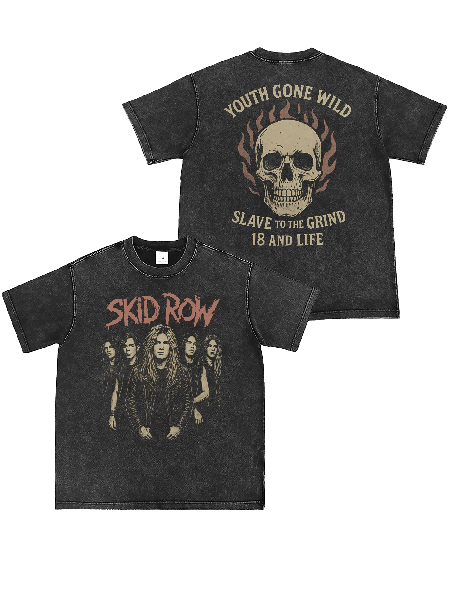 Skid Row American Street Punk Rock Short Sleeve T-Shirt Washed Direct Spray Vintage Grey Casual Loose Fit Cotton Tee
