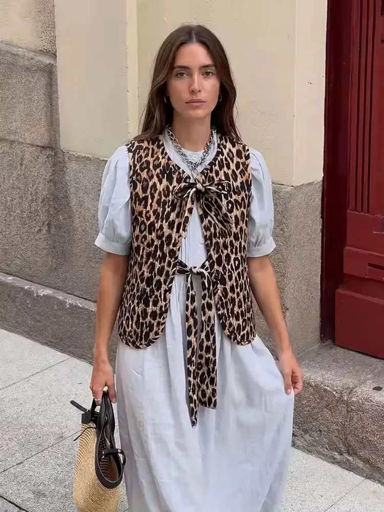 HH Women Print Vests Leopard Casual V Neck Tie Front Lace-up Waistcoat Trendy All-match Spring Female Party Street Chic Vest Top