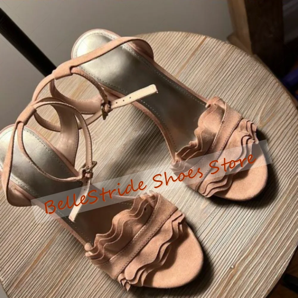 

Nude Buckle Strap Ruffles Sandals Round Toe Sexy Women Shoes Stilettos High Heels Party Banquet Dating 2025 Zapatos Para Mujere