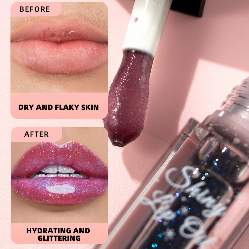 Zwarte parelmoer kleurveranderende lipgloss, glimmende spiegelroze glanzende lipolië, hydraterend, niet-kleverig, sprankelende glitter jelly lip