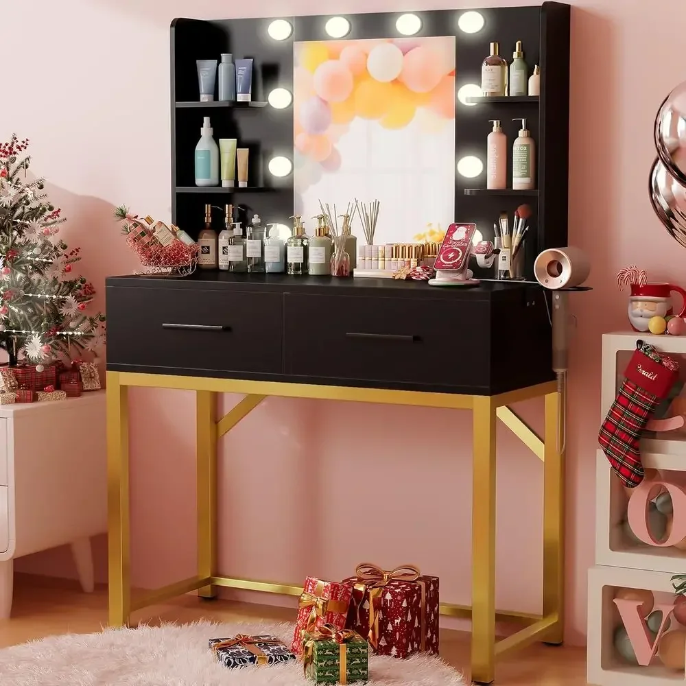 

Compact Makeup Vanity Table with Mirror, LED Light, Power Outlet, and Hair Dryer Holder - Black & Gold