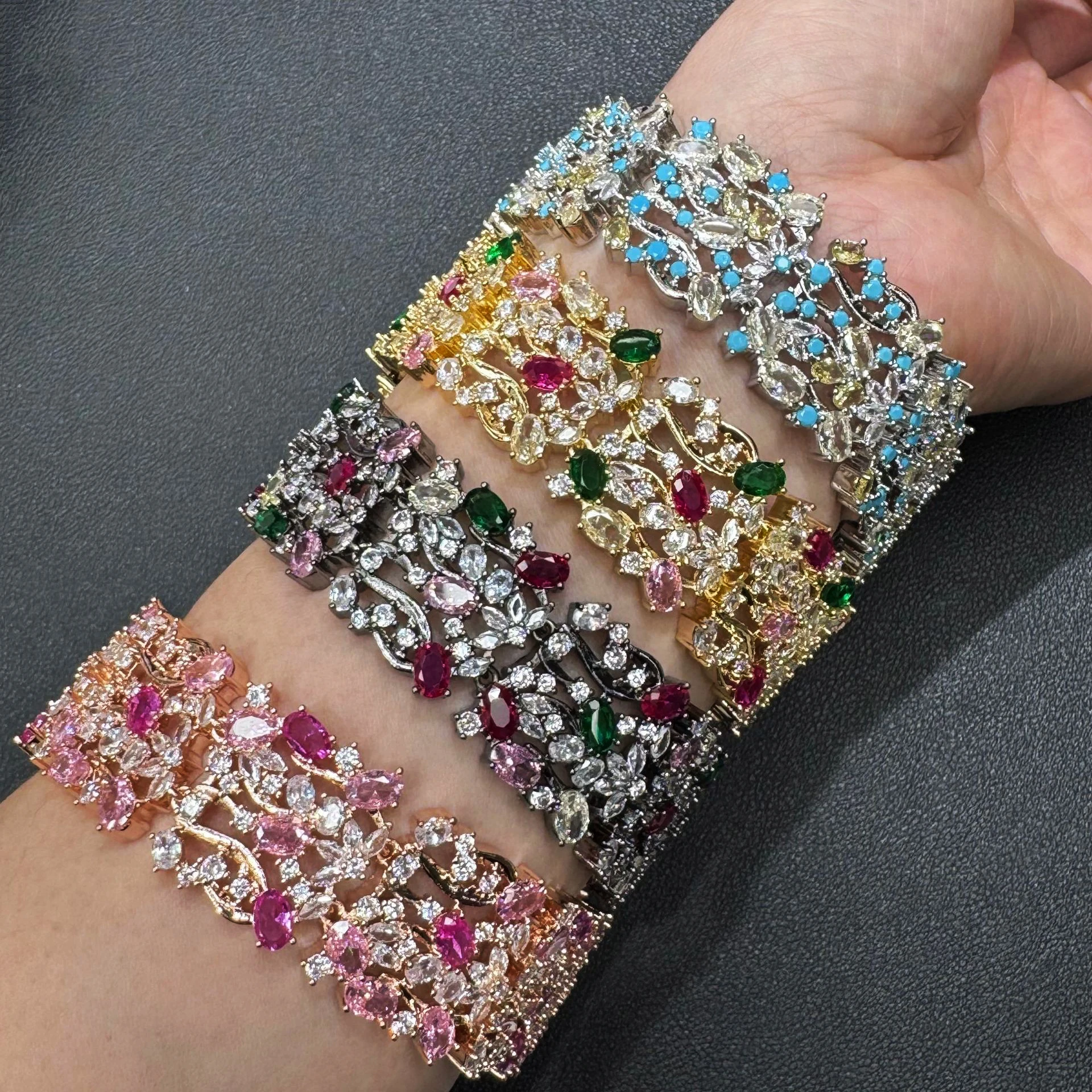 

gorgeous cubic zirconia bracelet for women shiny jewelry wedding party gala event blue yellow pink zircons wide bracelet