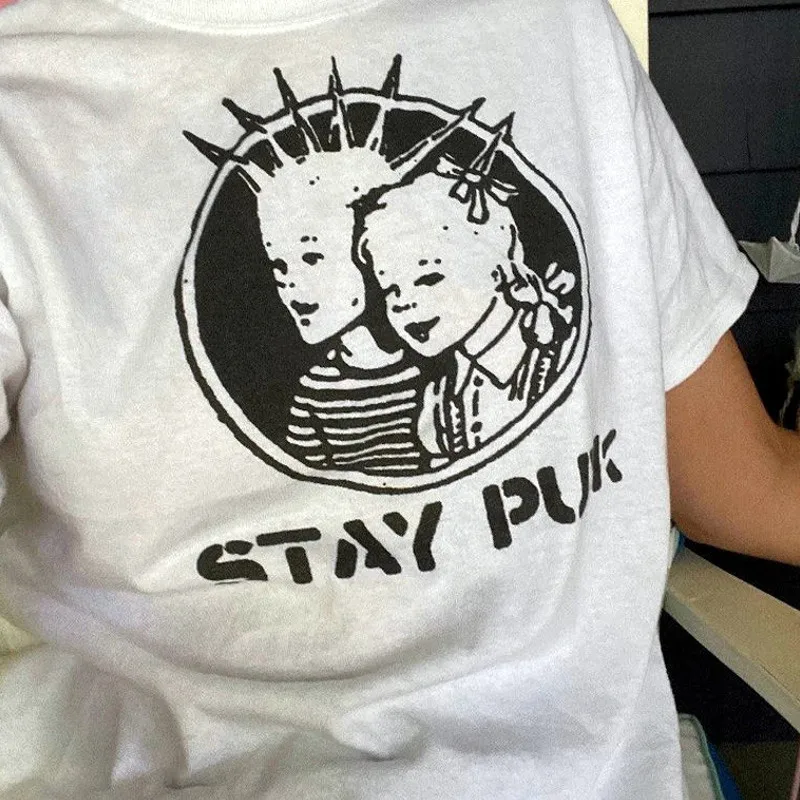 2023 Summer Stay Punk Graphic Tees White Cotton Loose Short Sleeve Punk Lover\'s T Shirts Unisex Street Fashion Funny Tops Tumblr