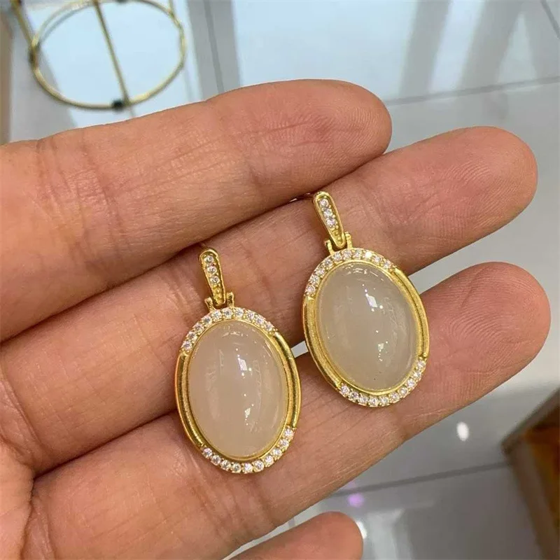 White Hetian Jade Earrings, Oval Elegant, Versatile And In A New Style