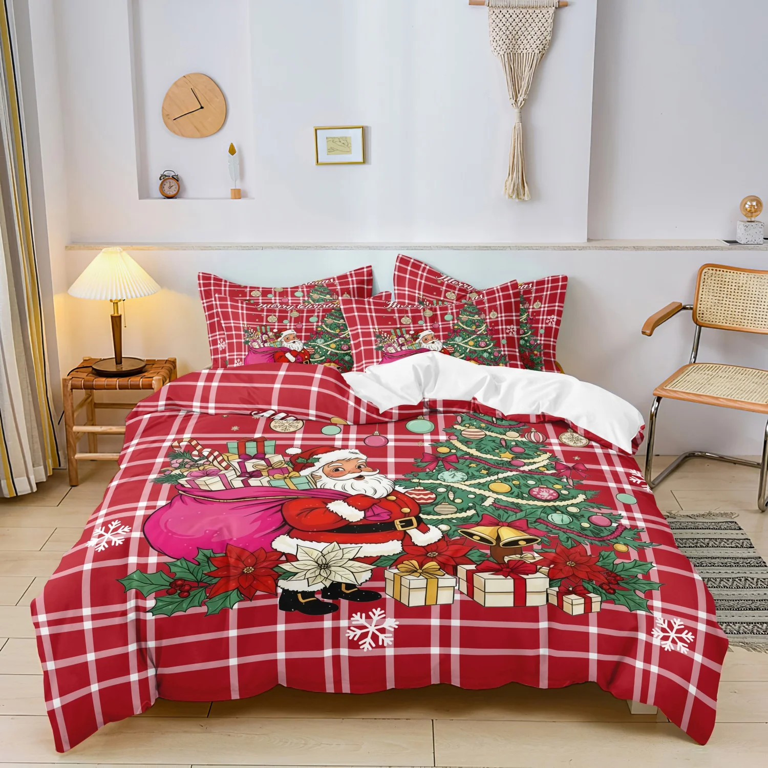 3Pcs Red Plaid Santa Christmas Print Duvet Cover Set, Santa Gift Tree Winter Holiday Print Bedding, Multiple Sizes Available