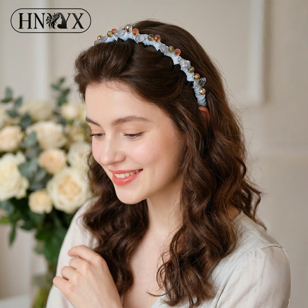HNYYX Handmade Crystal Beaded Headband With Comb Light Blue Cloth Wrapped Hair Hoop Women Daily Party Hair Accessories A435