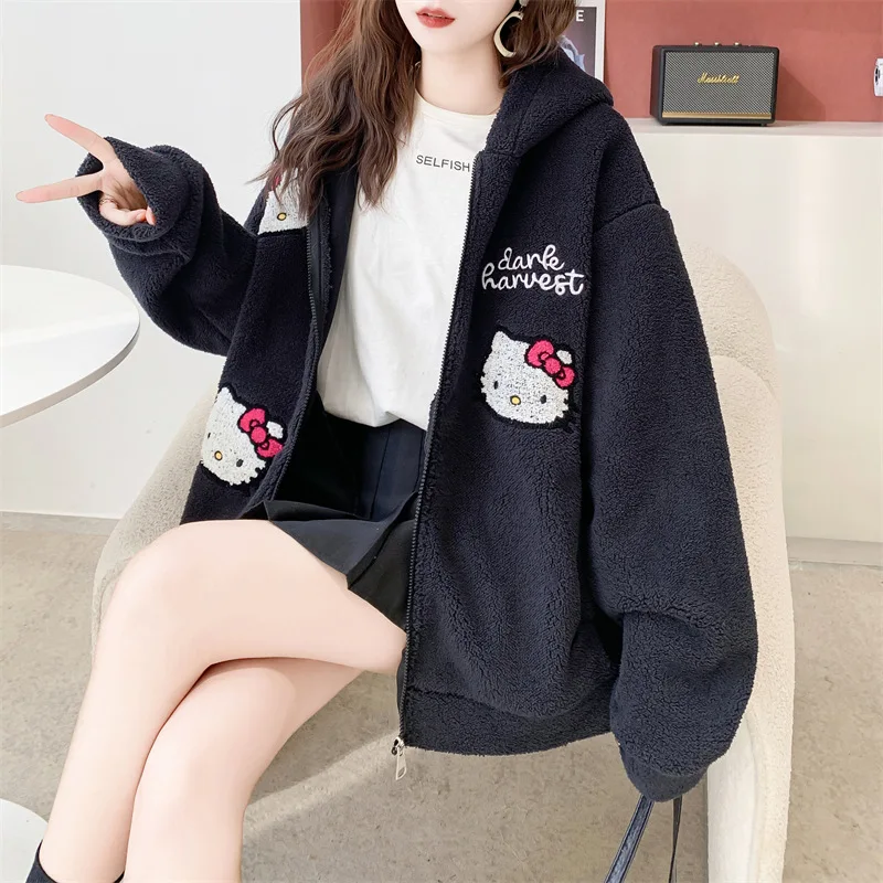 Hello Kitty 2024 New Plush Jacket Women Kawaii Winter Loose Long Sleeve Cardigan Coat Girls Casual Soft Warm Thick Hoodies Gifts