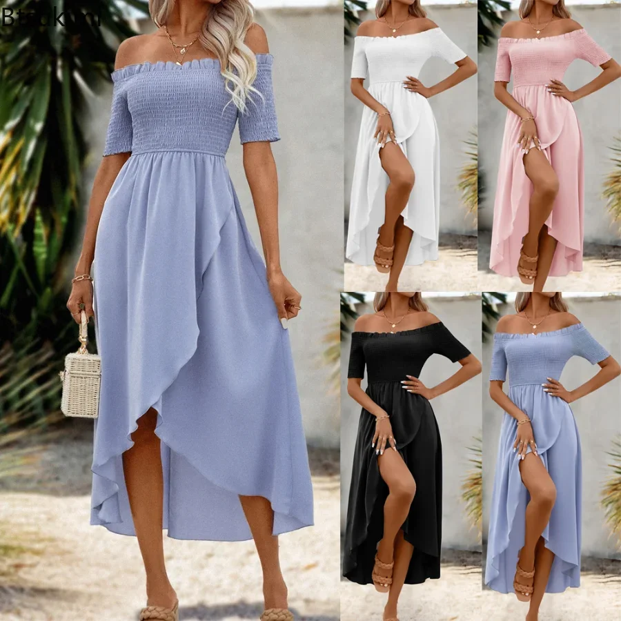 

New 2024 Women's Summer Casual Long Dress Solid Irregular Shrinkage Design Slash Neck Short Sleeve High Waist Slim A-Line Dress