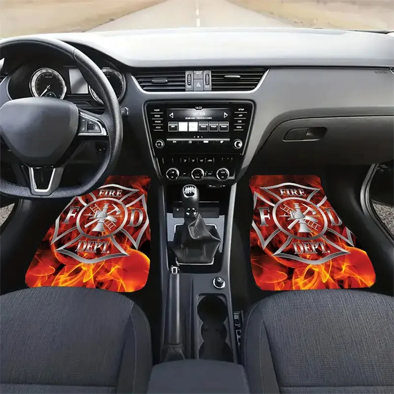 Set Of Four Car Floor Mats Featuring A Flame Design, Made From Universal Crystal Velvet Material That Is Slip-Resistant And Long